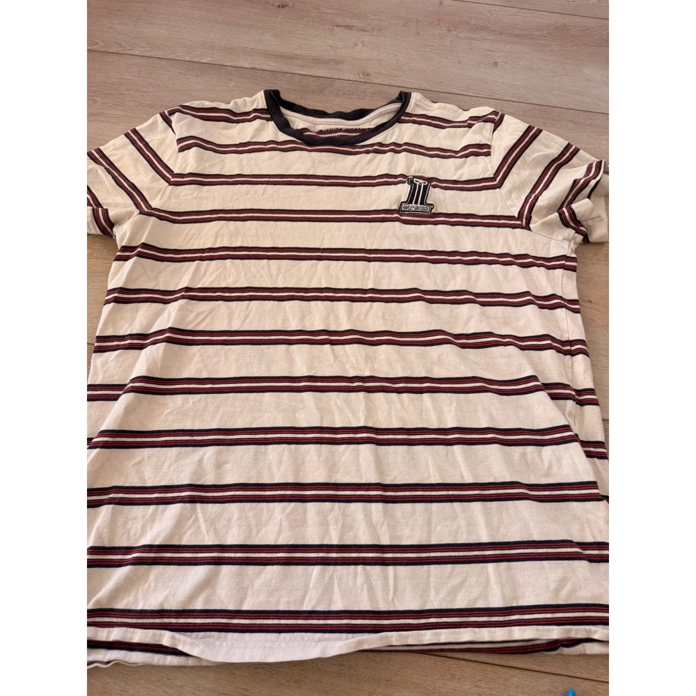 Harley Davidson T-Shirt Mens Large Cream Striped Good #1 Logo Ringer Tee 271